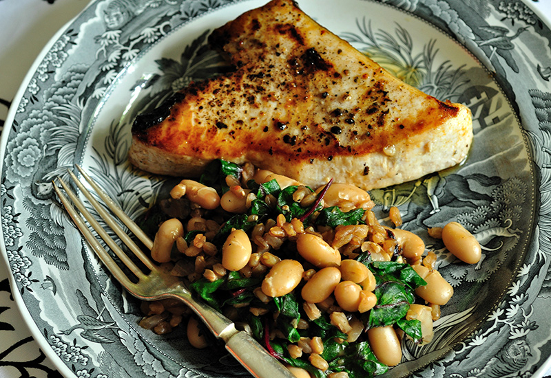 Swordfish with Farro, Cannellini Beans and Greens