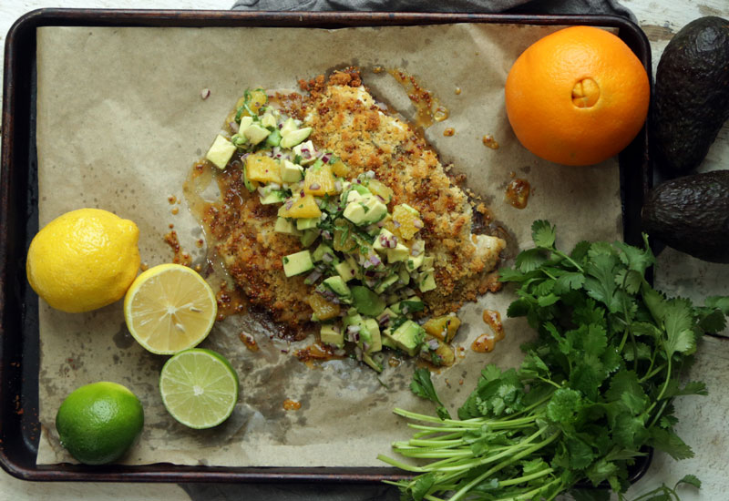 Baked Grouper with Orange Mustard and Avocado Salsa