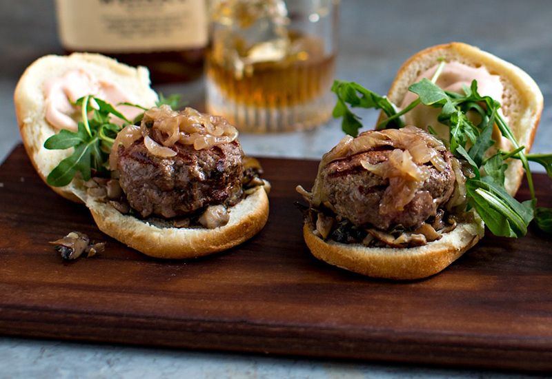 Bison Sliders with Whiskey Soaked Onions and Mushrooms