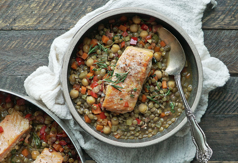 Lentil Stew with Bacon and Salmon