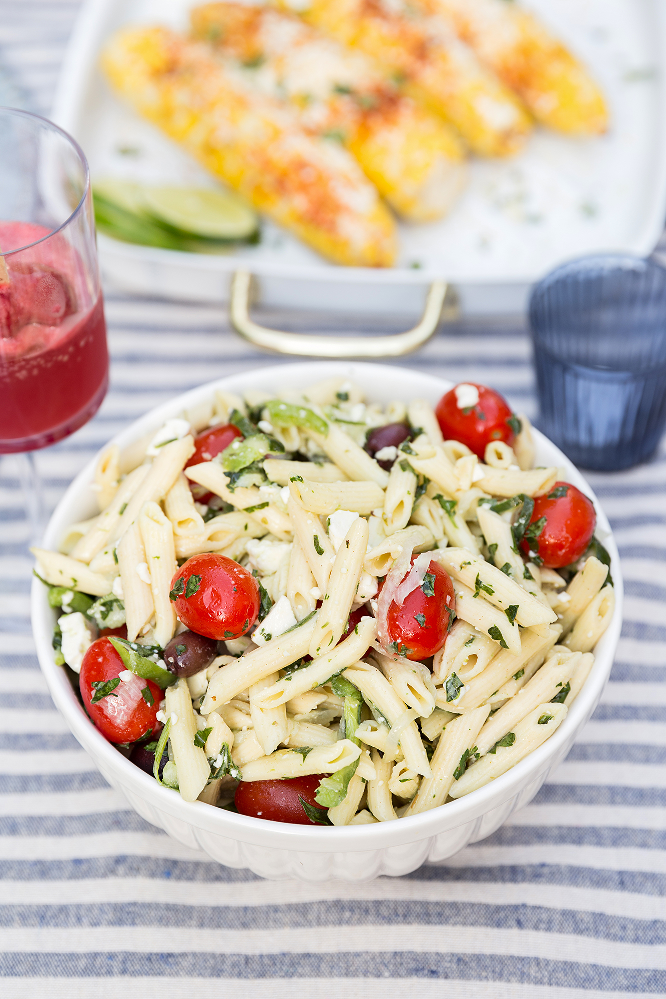 One Stylish Party Greek Pasta Salad in a White Bowl