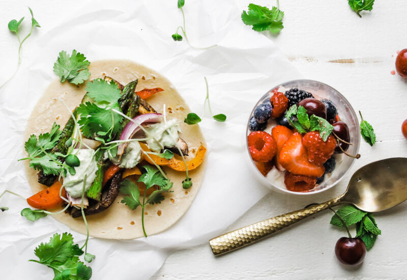 Veggie Tacos and Cheesecake Dip with Fresh Fruit