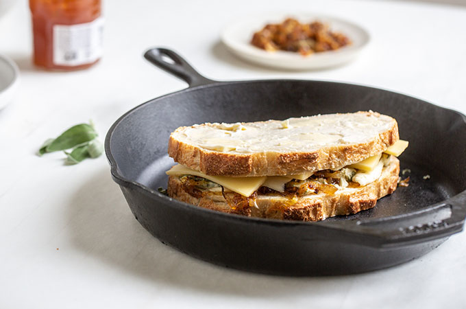 Uncooked Grown Up Grilled Cheese in Pan