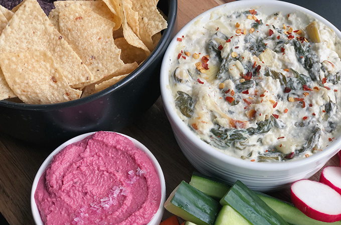 Spinach Artichoke Dip with Chips and Vegetables