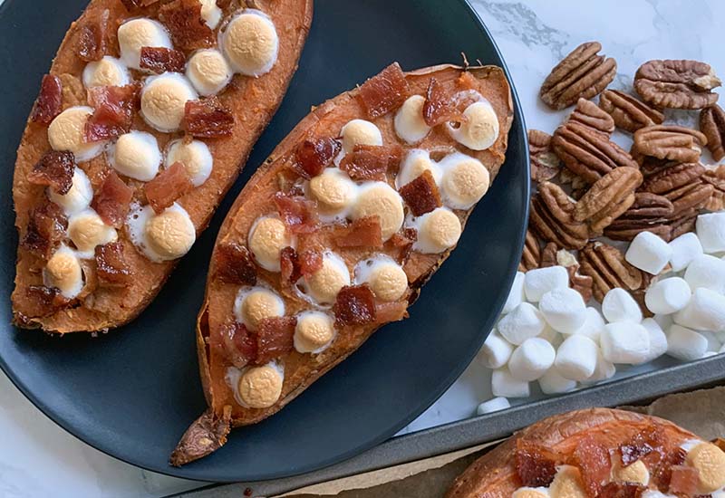 Twice Baked Sweet Potatoes with Candied Bacon and Pecans