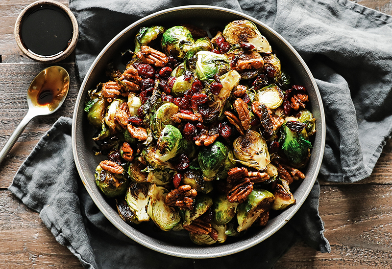 Roasted Brussels Sprouts with Candied Pecans and Cranberries
