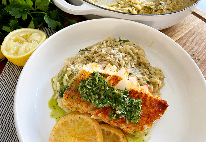 Baked Cod with Chimichurri and Lemon Parmesan Orzo