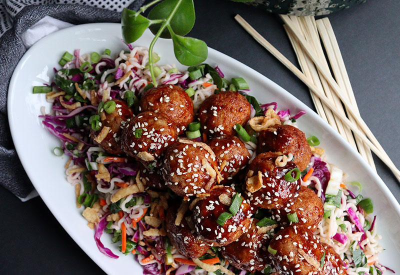 Sweet & Spicy Asian Meatballs with Ramen Noodle Salad