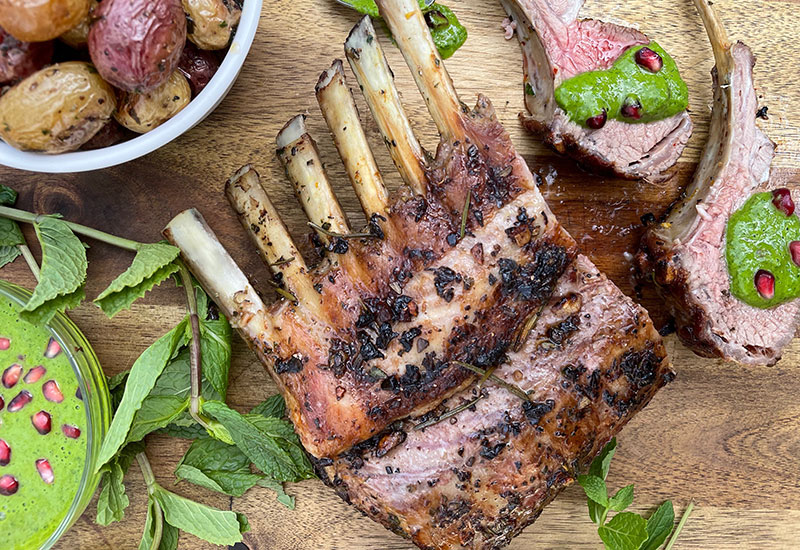Roasted Rack of Lamb with Pomegranate Mint Verde Sauce