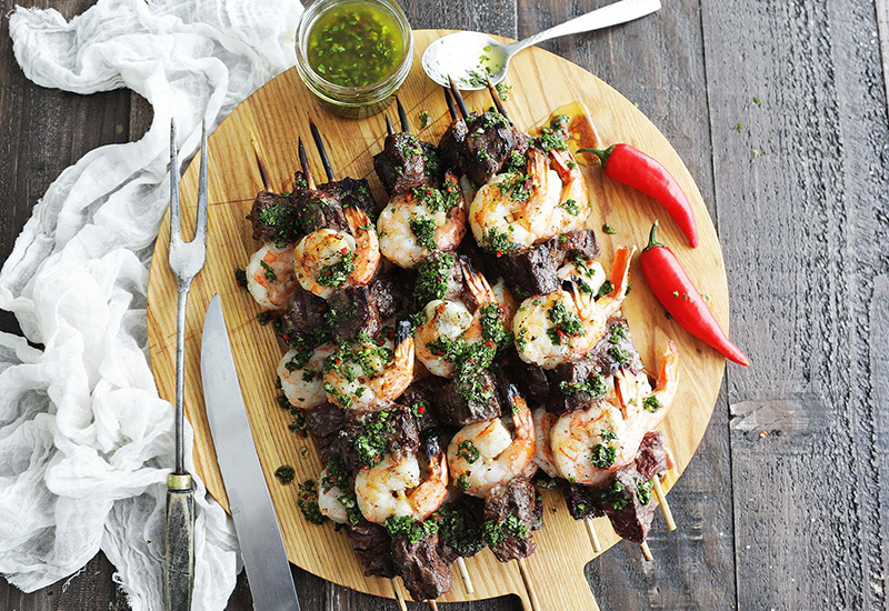 Steak and Shrimp Kabobs with Chimichurri Sauce