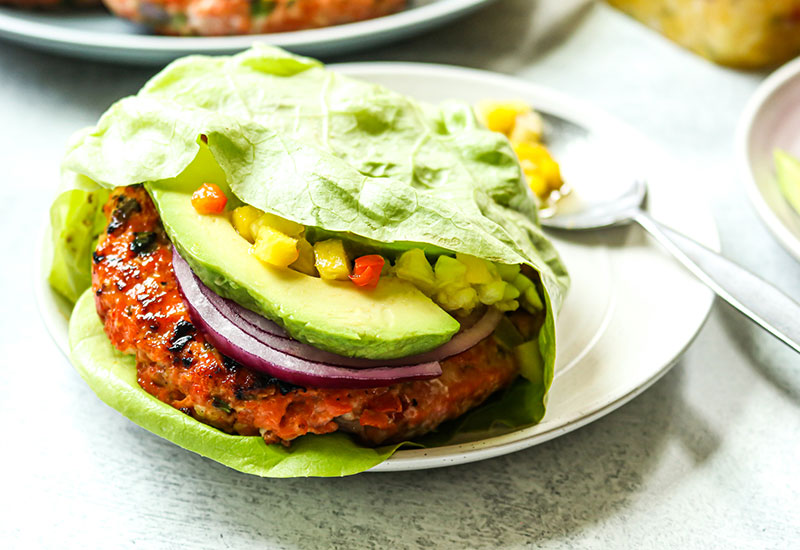 Sweet Chili Wild Salmon Burgers with Lettuce Buns