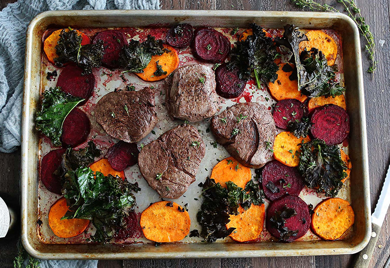 One-Pan Beef Filet with Beets, Sweet Potato and Crispy Kale