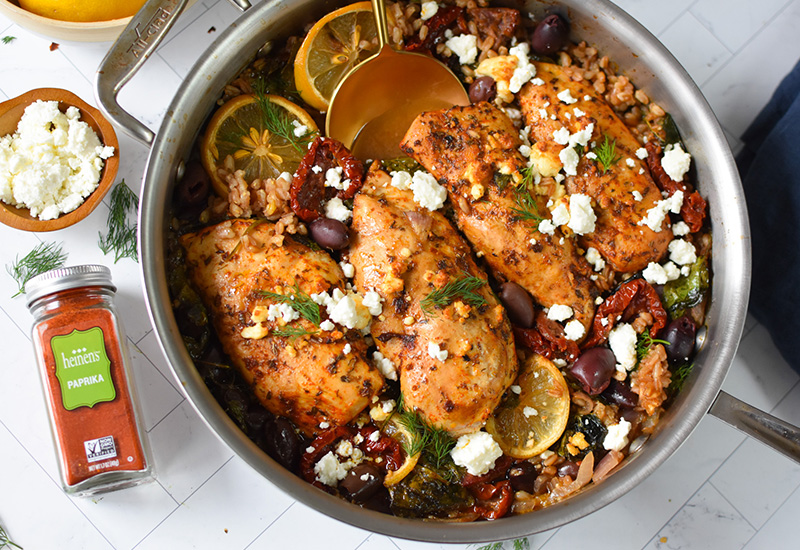 One-Skillet Greek Sundried Tomato Chicken with Farro