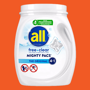 A Container of ALL Free Clear Sensitive Fresh Liquid Detergent on an Orange Background