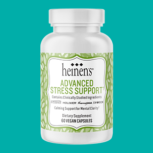 A Container of Heinen's Advanced Stress Support Supplement on a Blue Background