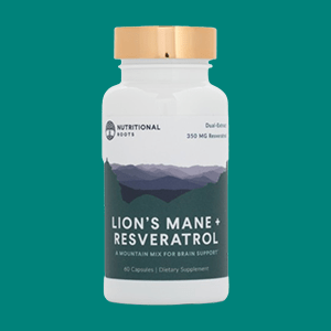 A Container of Nutritional Roots Lion’s Mane + Resveratrol Supplement on a Green Background