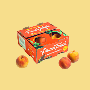 A 5 Count Crate of The Peach truck Peaches on a Yellow Background