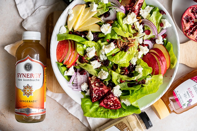 Apple Pomegranate Salad with kombucha dressing, a great example of a gut heath improving dish!