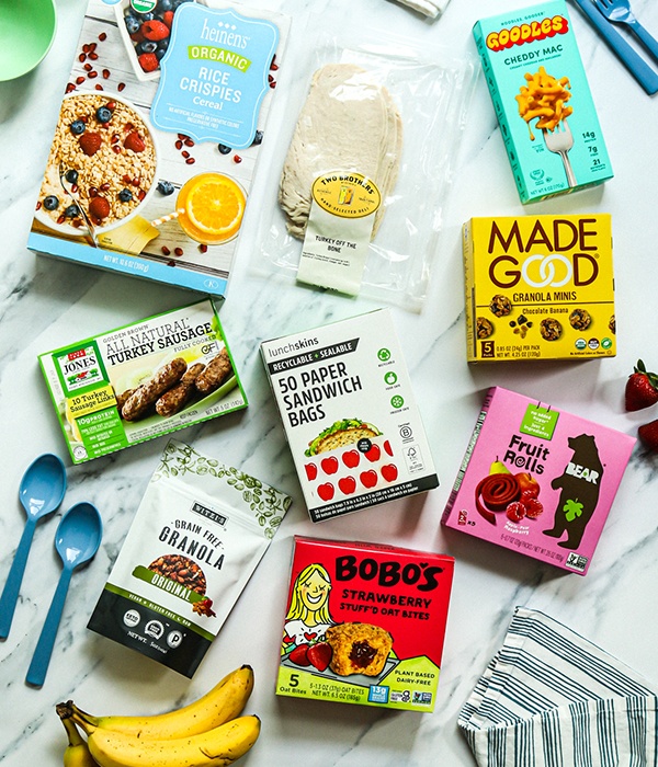 The perfect items for your back-to-school grocery list, such as Heinen's Organic Gluten Free cereal, Goodles, Lunchskins, BEAR fruit rollups, and more!