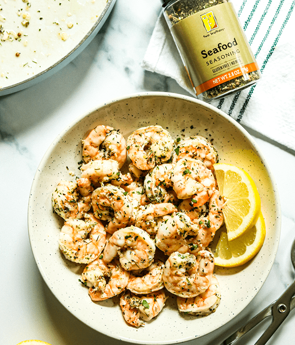 A Bowl of Heinen's Cooked Shrimp with Two Brothers Seafood Seasoning 