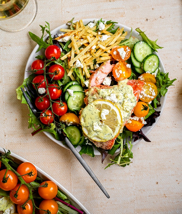 Overhead view of king salmon salad in a bowl