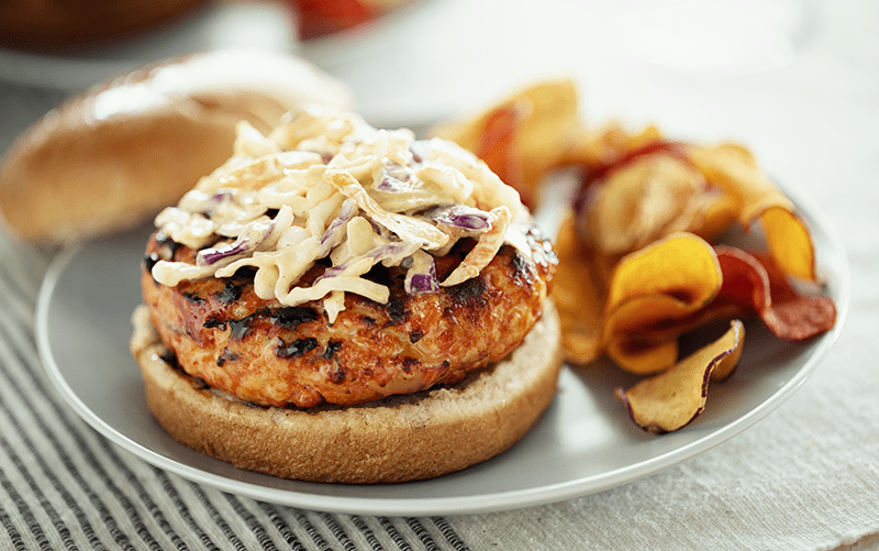 Salmon Burger with Chipotle Slaw