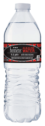 A bottle of Heinen's Alkaline Water