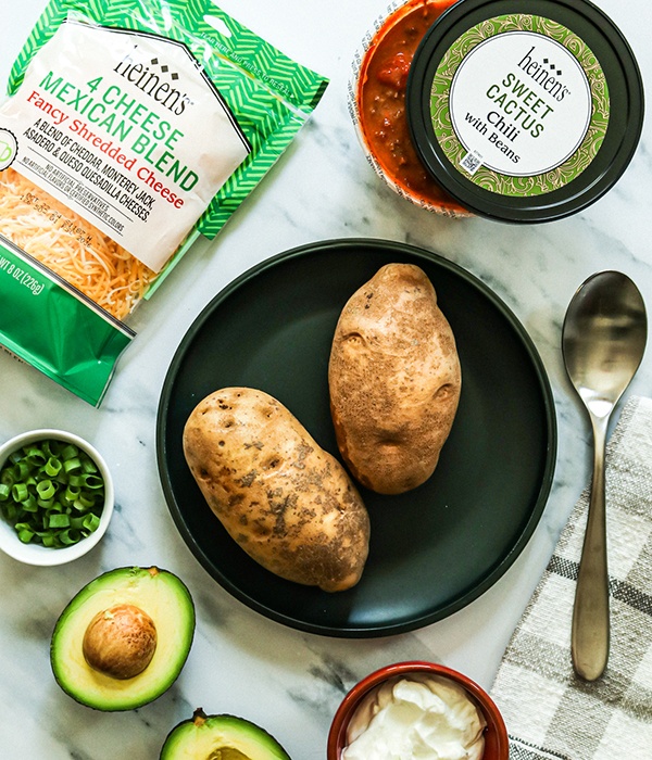 Ingredients for Chili Stuffed Baked Potatoes, such as Heinen's Sweet Chili Cactus