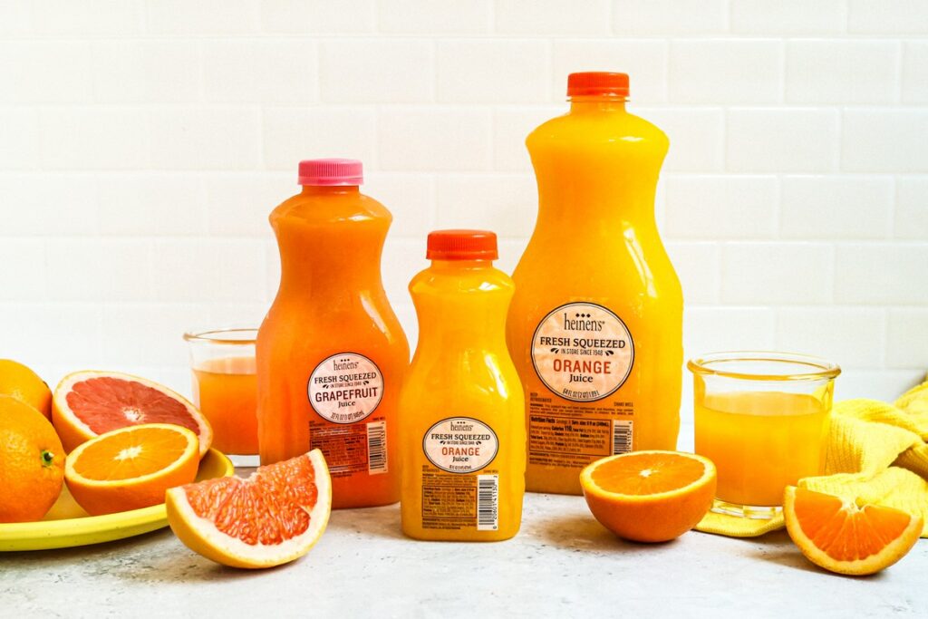 Heinen's Brand orange juice and grapefruit juice