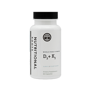 A Bottle of Nutritional Roots Vitamin D3 + K2 Supplement