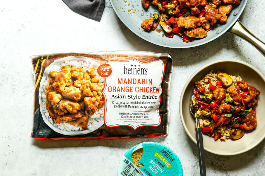 A Heinen's Brand Mandarin Orange Chicken meal.