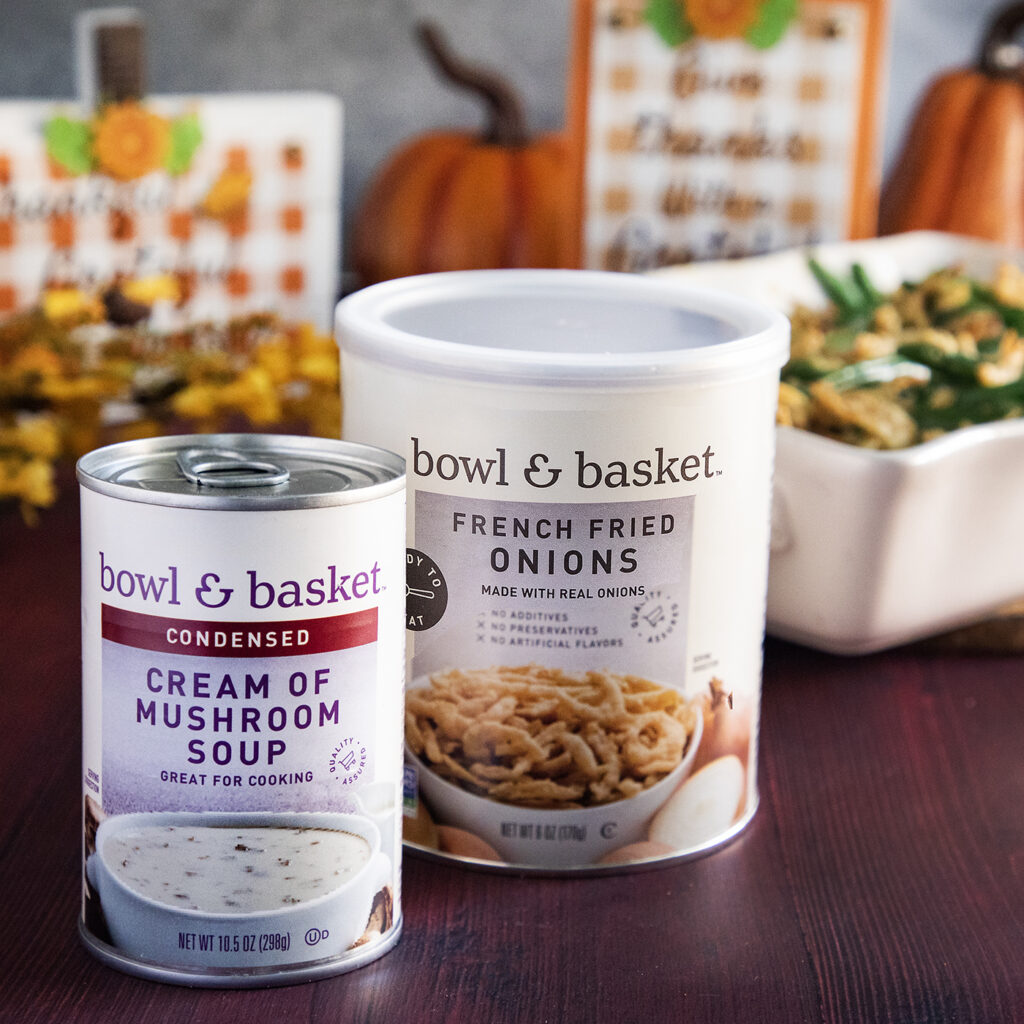 A Container of Bowl & Basket Cream of Mushroom Beside a Container of Bowl and Basket French Fried Onions