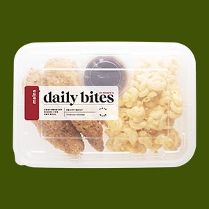 A Heinen's Daily Bites Complete Meal Container Filled with Chicken Fingers and Mac and Cheese