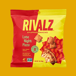 A Single Serve Bag of Rivalz Late Night Pizza Stuffed Snacks