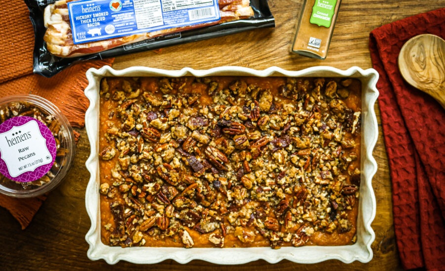 Bourbon Sweet Potato Casserole with Bacon Pecan Crumble