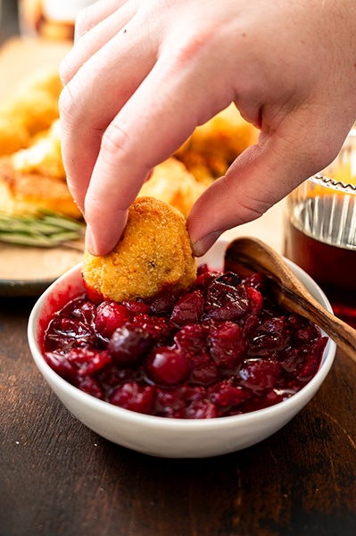 Leftover Mashed Potato Balls Dipped in Cranberry Sauce