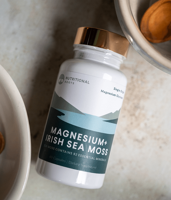 Nutritional Roots Magnesium + Sea Moss supplement container. 