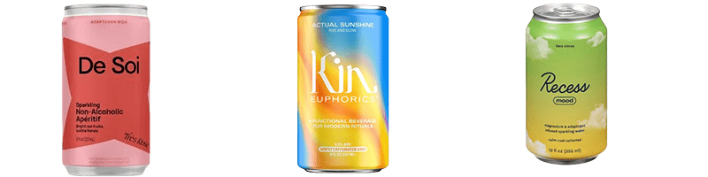 A Can De Soi Non-Alcoholic Apéritif, A Can of Kin Euphorics Non-Alcoholic Alternative Drink, and Recess Zero Proof Mocktails 