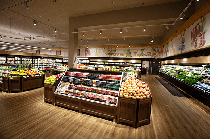 Produce department with coolers and bunkers.