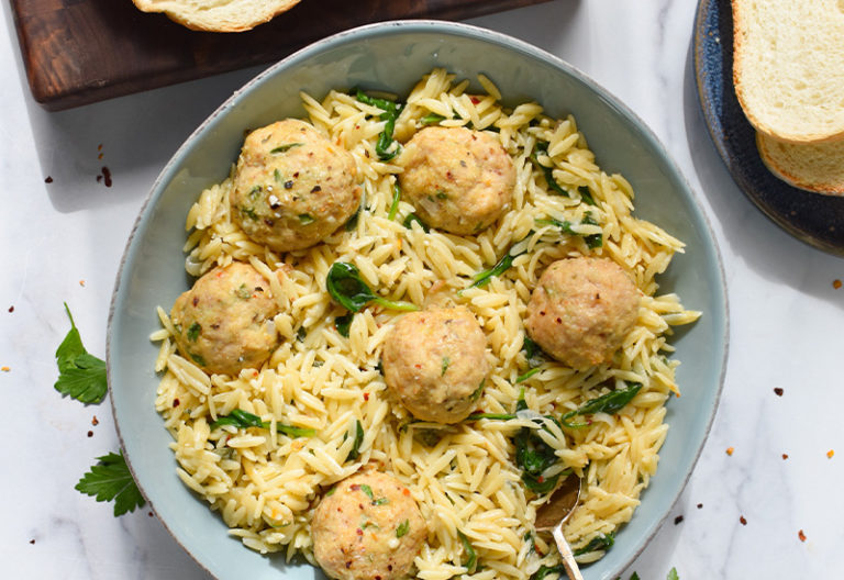 Baked Sage Chicken Meatballs With Parmesan Orzo Heinen S Grocery Store